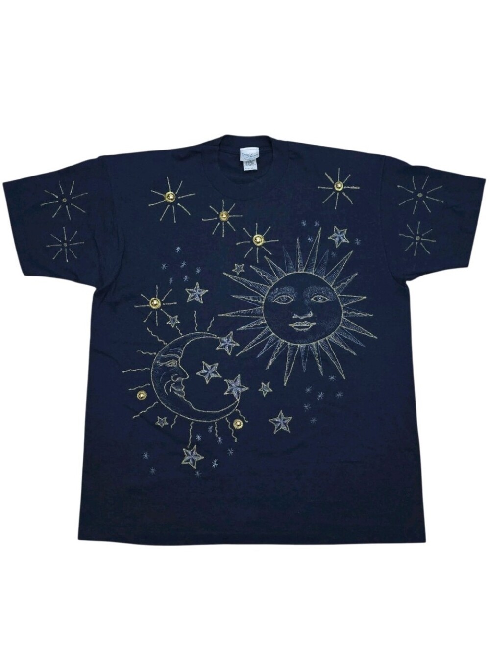 Vintage Celestial Hand Painted T-Shirt Blue Gold Silver OS Moon Sun Stars L/XL